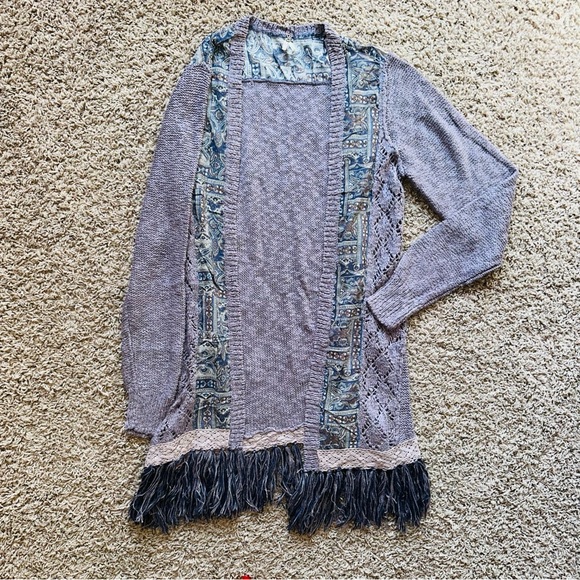 Gimmicks by BKE Boho Cardigan Fringe XL Paisley Print Open Knit Long Sleeve Top - Picture 1 of 6